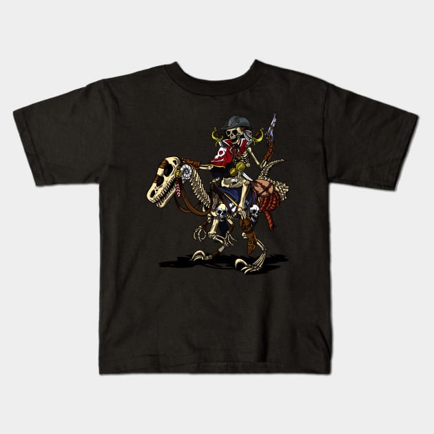 Skeleton Pirate Captain Riding Dinosaur Kids T-Shirt by underheaven